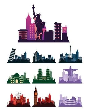Bundle of ten cities skylines silhouettes scenes イラスト素材