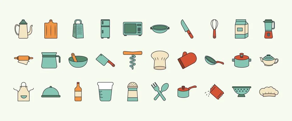 Bundle of ten kitchen utensils set line and colors style icons 스톡 일러스트