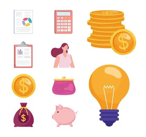 Bundle of ten savings management set icons Illustrazione stock