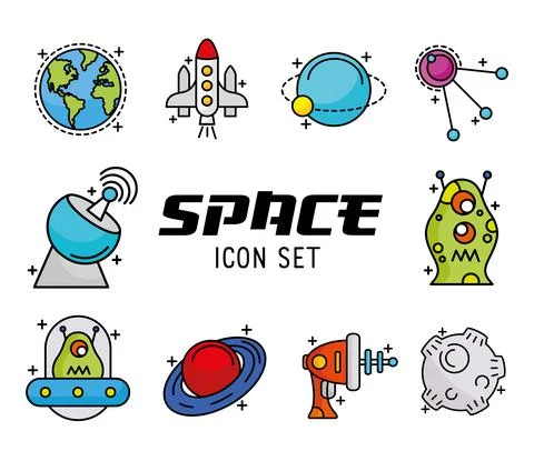 Bundle of ten space set line and fill style icons and lettering Stock Illustration