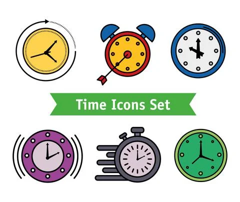 Bundle of ten time set line and fill style icons and lettering in ribbon Stock Illustration