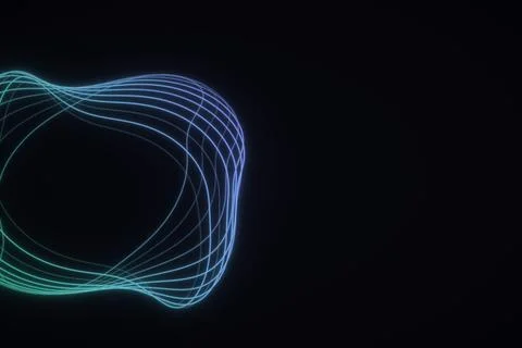 A bundle of thin cyan and blue luminous curves forms a soft, rounded loop o.. Stock Illustration