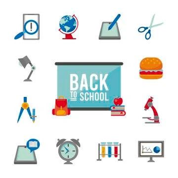 Bundle of thirteen back to school set icons with lettering Stock Illustration