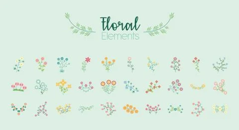 Bundle of thirty flowers garden flat elements Stock Illustration