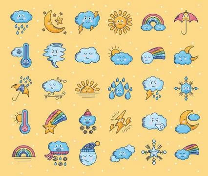 Bundle of thirty kawaii weather comic characters Stock Illustration