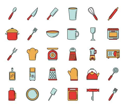 Bundle of thirty kitchen utensils set icons Stock Illustration
