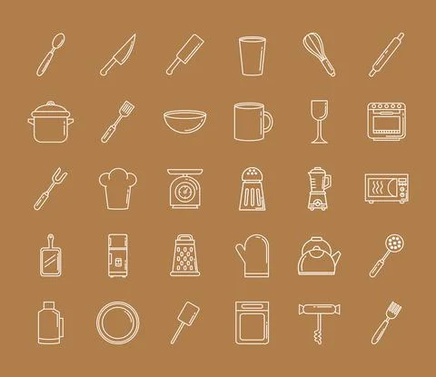 Bundle of thirty kitchen utensils set icons Stock Illustration