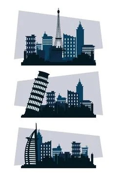 Bundle of three cities silhouettes scenes Ilustración de archivo