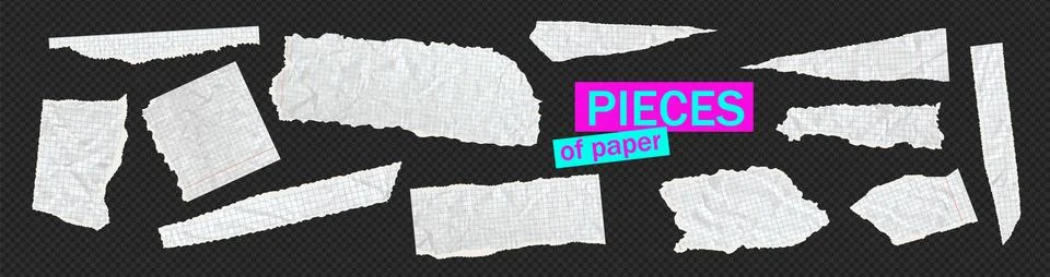 Bundle of torn white paper pieces overlays and textures. Old notebook and Stock Illustration