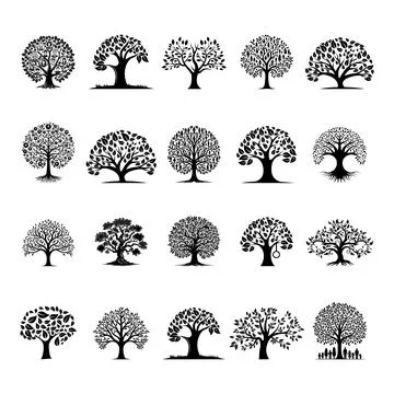 Bundle of Trees silhouette on white background. Set of family trees vector .. Stockillustratie
