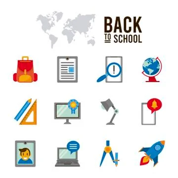 Bundle of twelve back to school set icons with lettering Stock Illustration