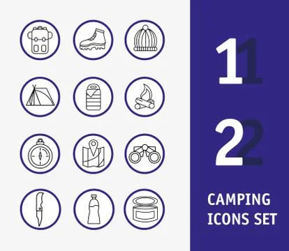 Bundle of twelve camping set icons and lettering イラスト素材