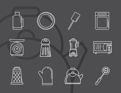 Bundle of twelve kitchen utensils set icons Illustrazione stock