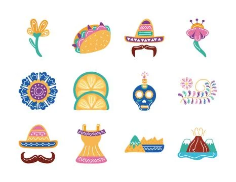 Bundle of twelve mexican ethnicity set icons Illustrazione stock