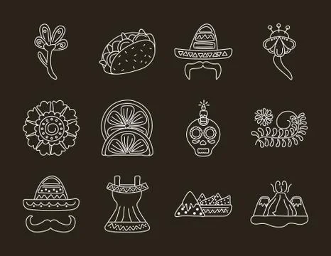 Bundle of twelve mexican ethnicity set icons Stock Illustration