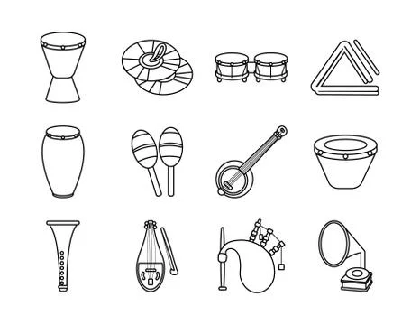 Bundle of twelve musical instruments set icons Illustrazione stock
