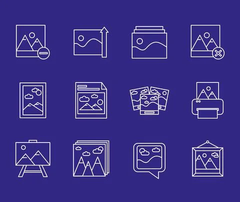 Bundle of twelve pictures with differents scenes line style set icons イラスト素材