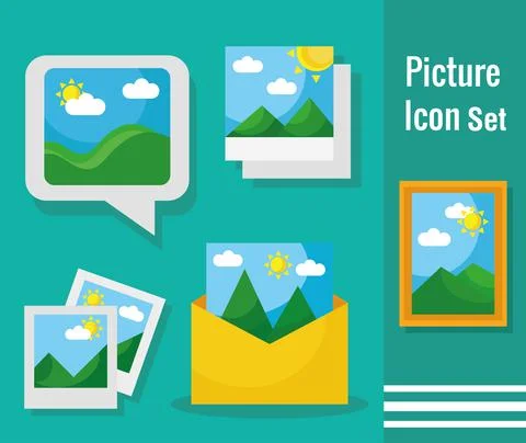 Bundle of twelve pictures with differents scenes flat style set icons Illustrazione stock