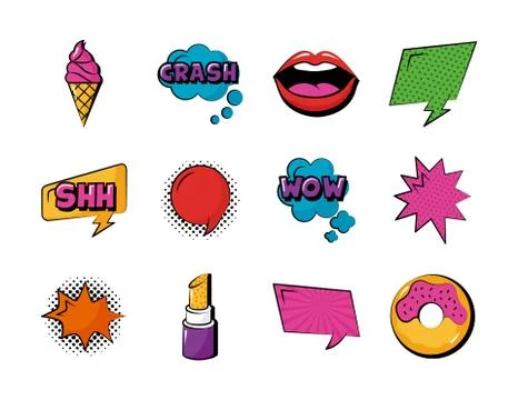 Bundle of twelve pop art set icons Illustrazione stock