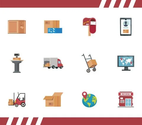 Bundle of twelve postal service set icons Stock Illustration