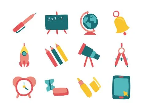 Bundle of twelve school supplies flat style icons Illustrazione stock