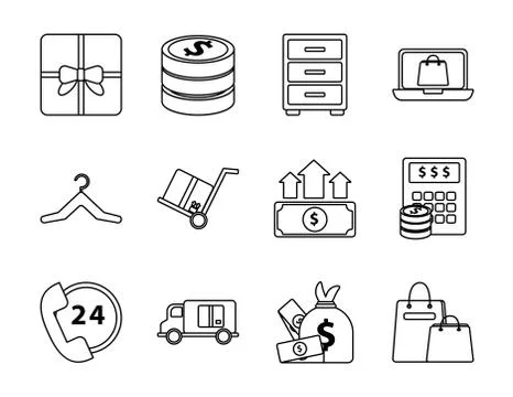 Bundle of twelve shopping set collection icons Illustrazione stock