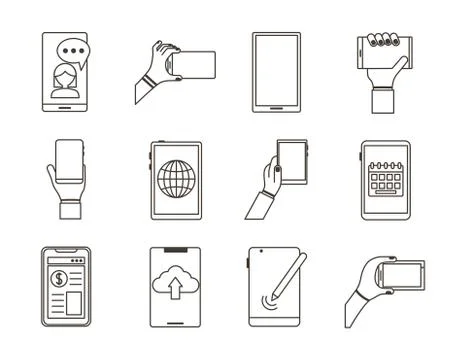 Bundle of twelve smartphones devices set icons Illustrazione stock