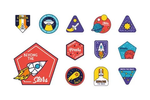 Bundle of twelve space badges in blue background line and fill style icons Illustrazione stock
