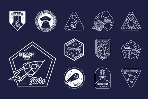 Bundle of twelve space badges in blue background line style icons Illustrazione stock
