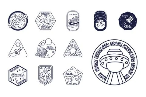 Bundle of twelve space badges line style icons Illustrazione stock