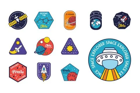 Bundle of twelve space badges line and fill style icons Stock Illustration