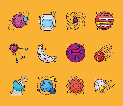 Bundle of twelve space set line and fill style icons Illustrazione stock