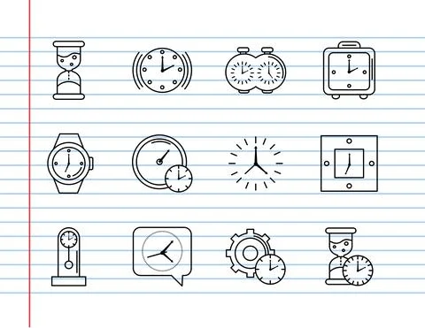 Bundle of twelve time set line style icons in notebook sheet Illustrazione stock
