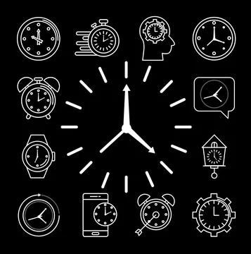 Bundle of twelve time set line style icons in black background Stock Illustration