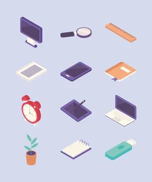 Bundle of twelve work place equipment icons Illustrazione stock