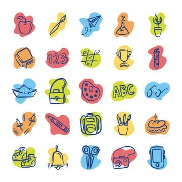 Bundle of twenty five back to school supplies in blue background Stock Illustration