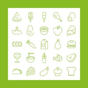 Bundle of twenty five food set icons in green background Stock Illustration