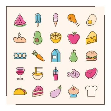Bundle of twenty five food set icons in green background Stock Illustration