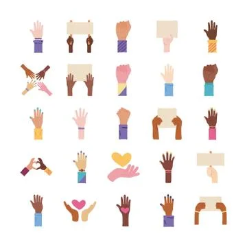 Bundle of twenty five hands protest set collection icons Illustrazione stock
