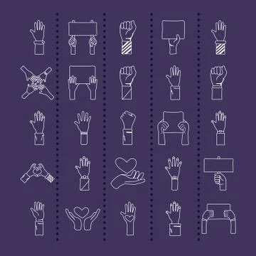 Bundle of twenty five hands protest set collection icons Illustrazione stock