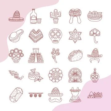 Bundle of twenty five mexican ethnicity set collection icons Stock Illustration