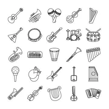 Bundle of twenty five musical instruments set collection icons Stock Illustration