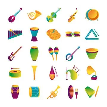Bundle of twenty five musical instruments set icons Stock Illustration