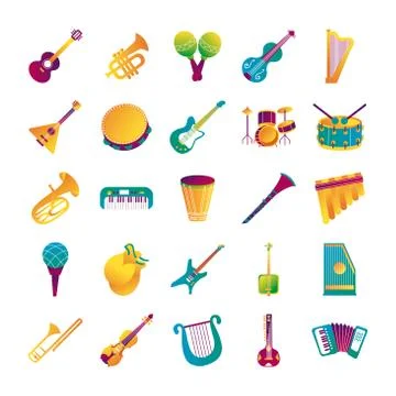 Bundle of twenty five musical instruments set collection icons イラスト素材