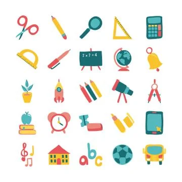 Bundle of twenty five school supplies flat style icons Illustrazione stock