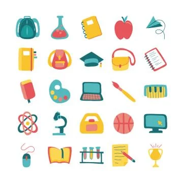Bundle of twenty five school supplies flat style Illustrazione stock