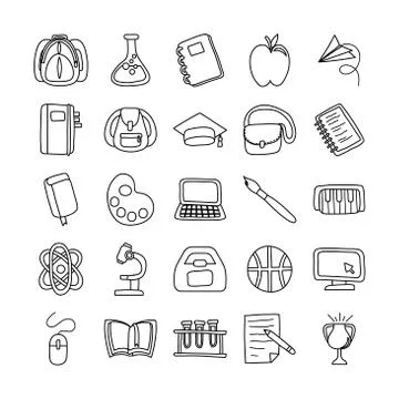 Bundle of twenty five school supplies line style Illustrazione stock