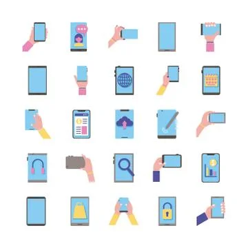Bundle of twenty five smartphones devices set icons Stock Illustration