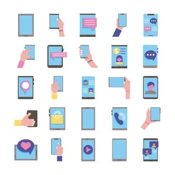 Bundle of twenty five smartphones devices set collection icons Stock Illustration