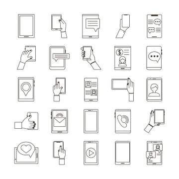 Bundle of twenty five smartphones devices set collection icons 스톡 일러스트